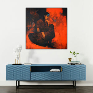 'Village Woman (Contemplation)' painting by Sachin Akalekar shown on a wall in a furnished room.