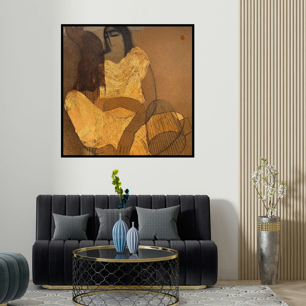 Siddharth Shingade's 'Village Women (Golden Solitude)' painting visualized above a sofa in a contemporary room.