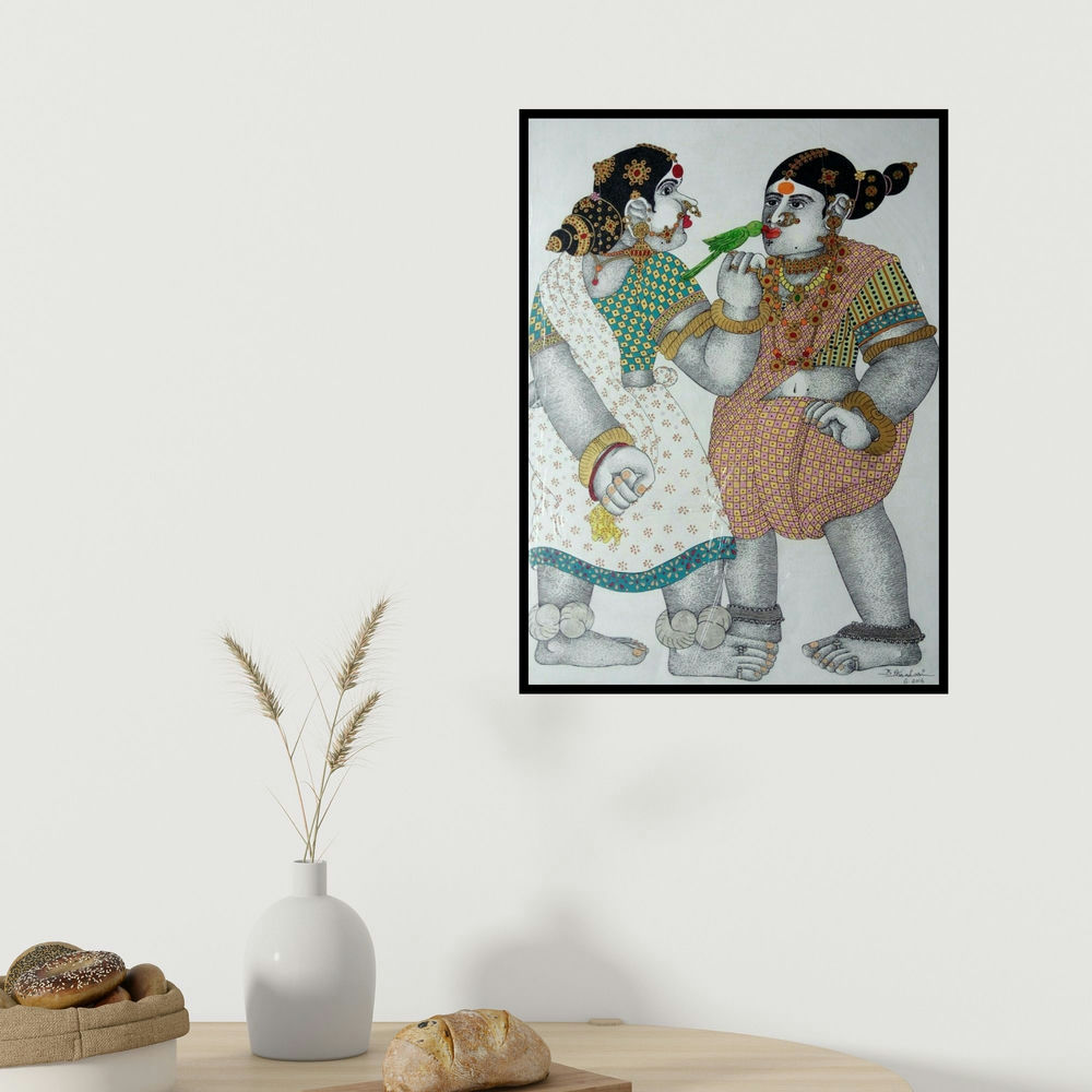 Bhawandla Narahari's 'Village Women With Parrot 1 (Two Women with Parrot)' painting visualized above a sofa in a contemporary room.