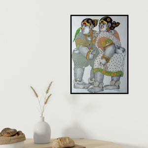 Bhawandla Narahari's 'Village Women With Parrot 2 (Folk Art Duo)' painting visualized above a sofa in a contemporary room.