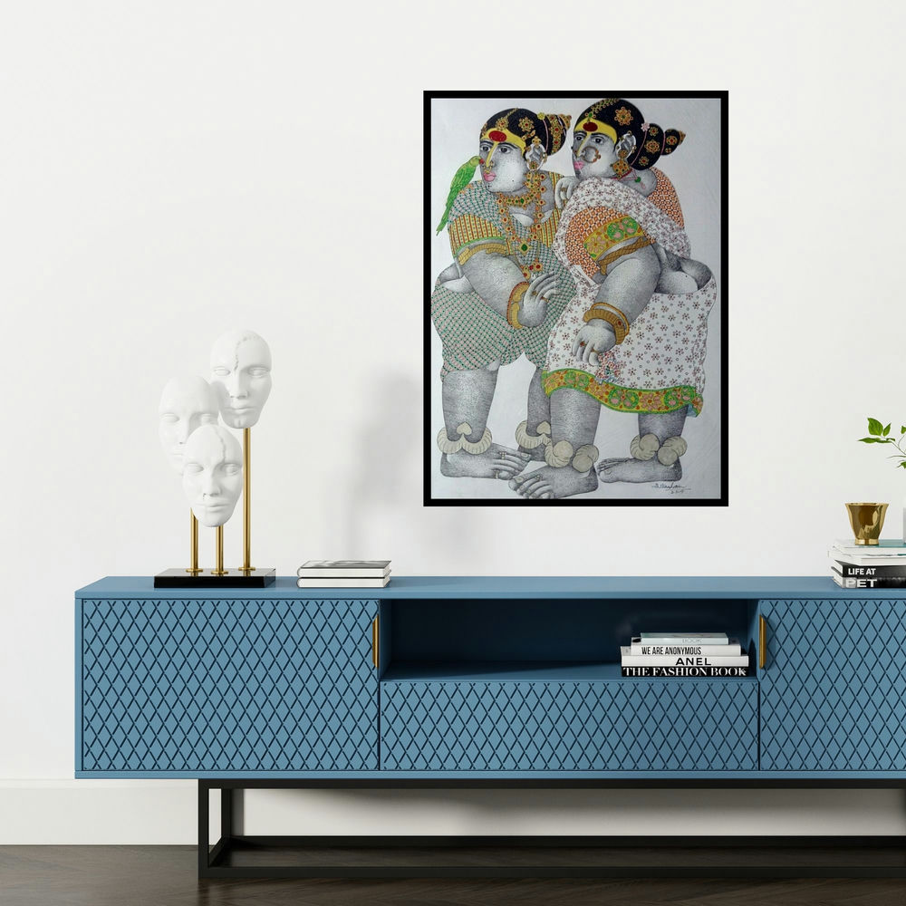 'Village Women With Parrot 2 (Folk Art Duo)' painting by Bhawandla Narahari shown on a wall in a furnished room.