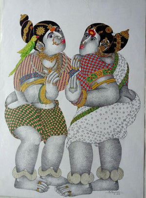 Figurative acrylic painting titled 'Village Women with Parrot 3', 30x22 inches, by artist Bhawandla Narahari on Paper