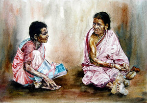 Village Womens (Women of the Village) by Srv Artist, Original Watercolor Figurative Painting on Handmade Paper, Small Horizontal Wall Art