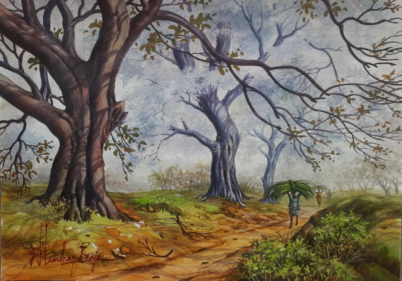 Village Workers' landscape watercolor painting by artist Manohar Raja, 12x17 inch, on paper