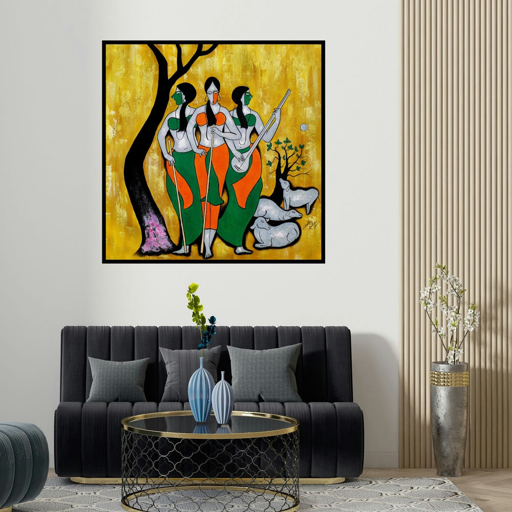 Chetan Katigar's 'Villager 2' painting visualized above a sofa in a contemporary room.