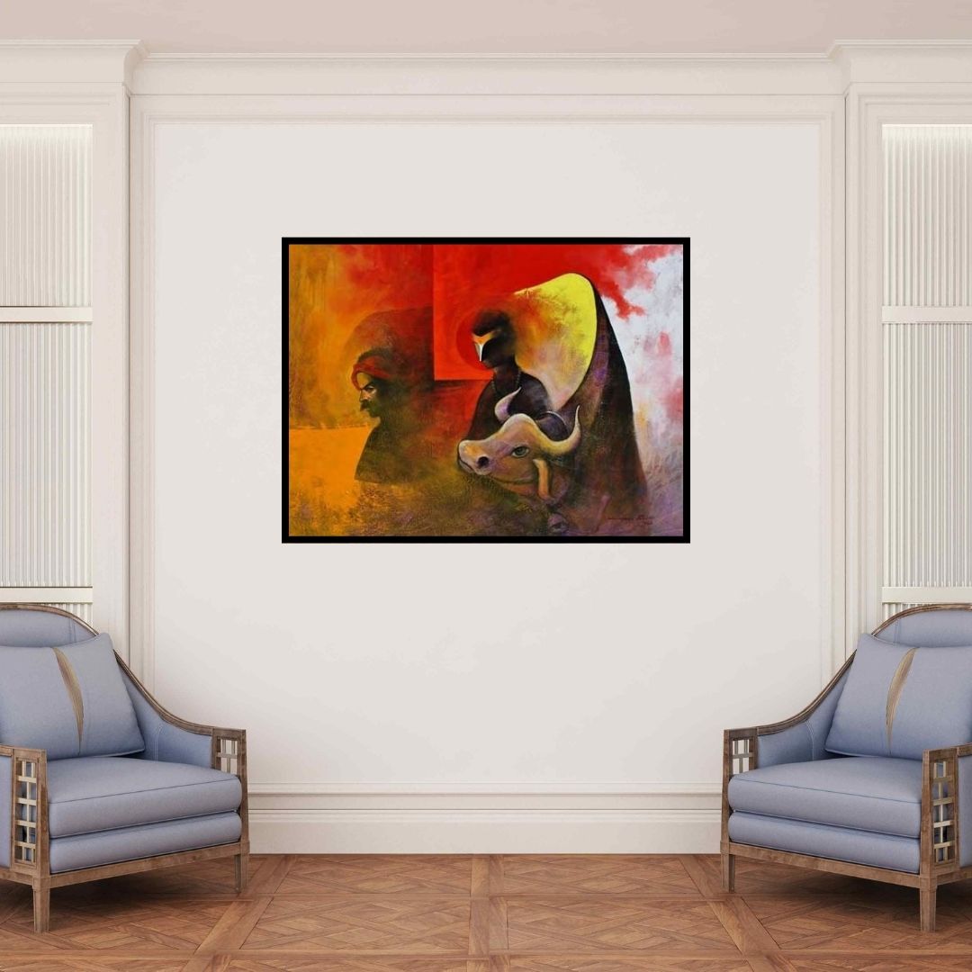 In-situ view of Narayan Shelke's 'Villager And The Cow (Celestial Guardian: A Beacon of Hope)' painting in a room