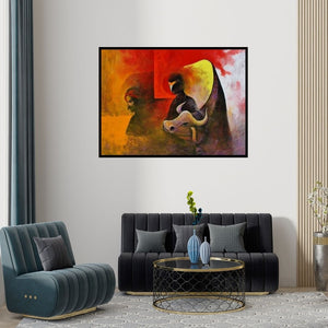 Preview of 'Villager And The Cow (Celestial Guardian: A Beacon of Hope)' Painting by Narayan Shelke shown on a wall in a furnished room.