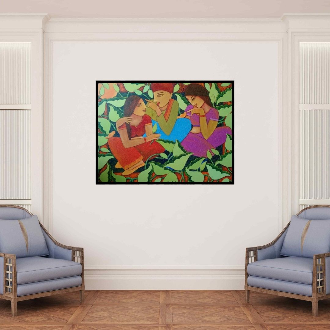 In-situ view of Sadaf Beg Khan's 'Villagers' painting in a room