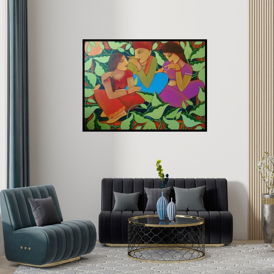 Preview of 'Villagers' Painting by Sadaf Beg Khan shown on a wall in a furnished room.