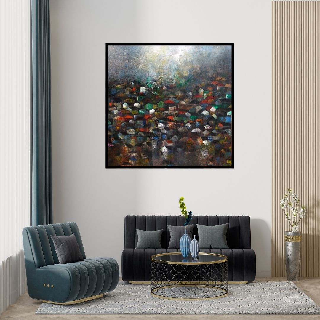 Preview of 'The Villages' Painting by M Singh shown on a wall in a furnished room.