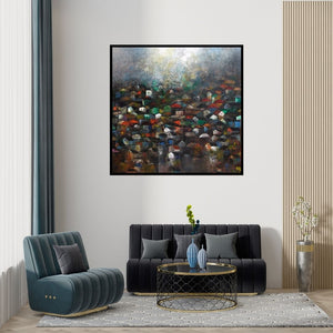 Preview of 'The Villages' Painting by M Singh shown on a wall in a furnished room.