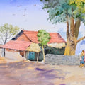 Landscape watercolor painting titled 'Villlage Life', 18x30 inches, by artist Ambadas Nagpure on Paper