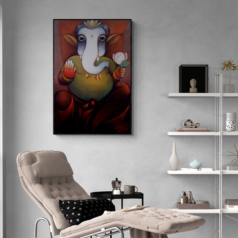 Ram Onkar's painting 'Vinayaka (Gentle Grace)' displayed in a modern living room setting