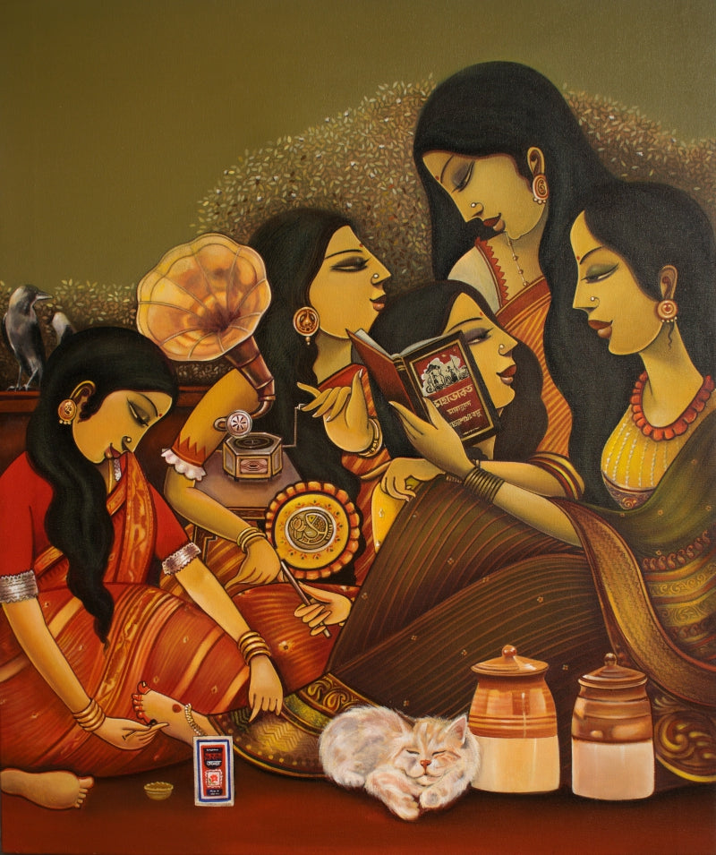 'Vintage Bengali Soiree' figurative acrylic painting by artist Sumon Naskar, 36x30 inch, on canvas