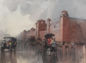 Cityscape watercolor painting titled 'Vintage Calcutta', 22x30 inches, by artist Bijay Biswaal on Paper
