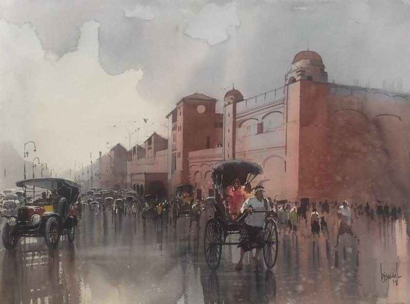 Cityscape watercolor painting titled 'Vintage Calcutta', 22x30 inches, by artist Bijay Biswaal on Paper