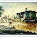 Landscape watercolor painting titled 'Vintage ship at river side', 22x14 inches, by artist Biki Das on Paper
