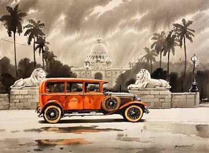 Cityscape acrylic painting titled 'Vintage Victoria Memorial in Calcutta', 30x40 inches, by artist Arpan Bhowmik on Canvas