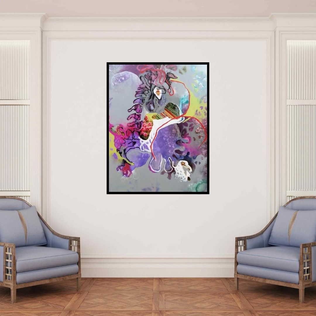 In-situ view of Rasana Bhardwaj's 'Violet Repress Reproduce Reproduction (The Dream Weaver)' painting in a room