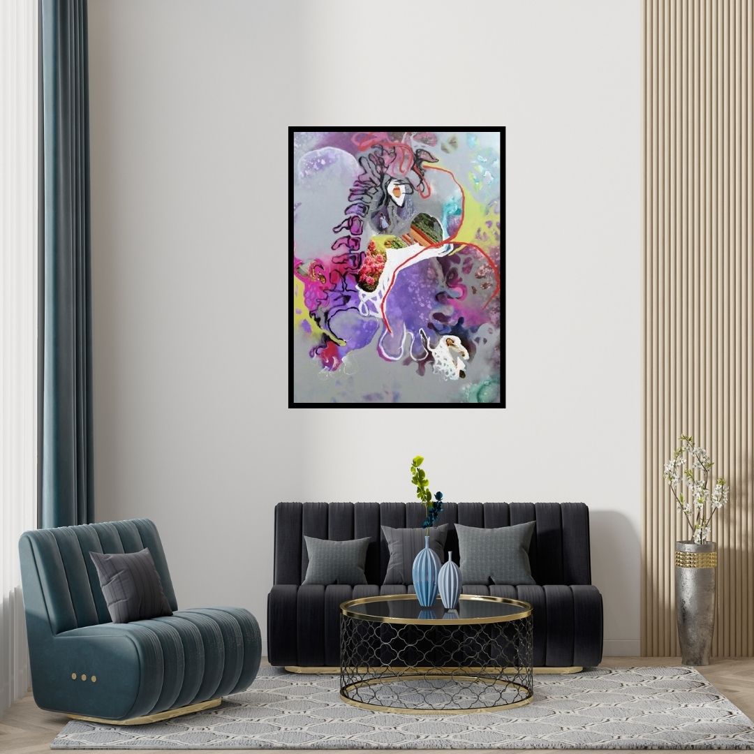 Preview of 'Violet Repress Reproduce Reproduction (The Dream Weaver)' Painting by Rasana Bhardwaj shown on a wall in a furnished room.