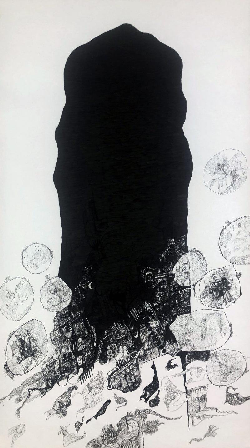 contemporary pen drawing titled 'Vipassana', 32x18 inches, by artist Rachana Shah on Fabriano Paper