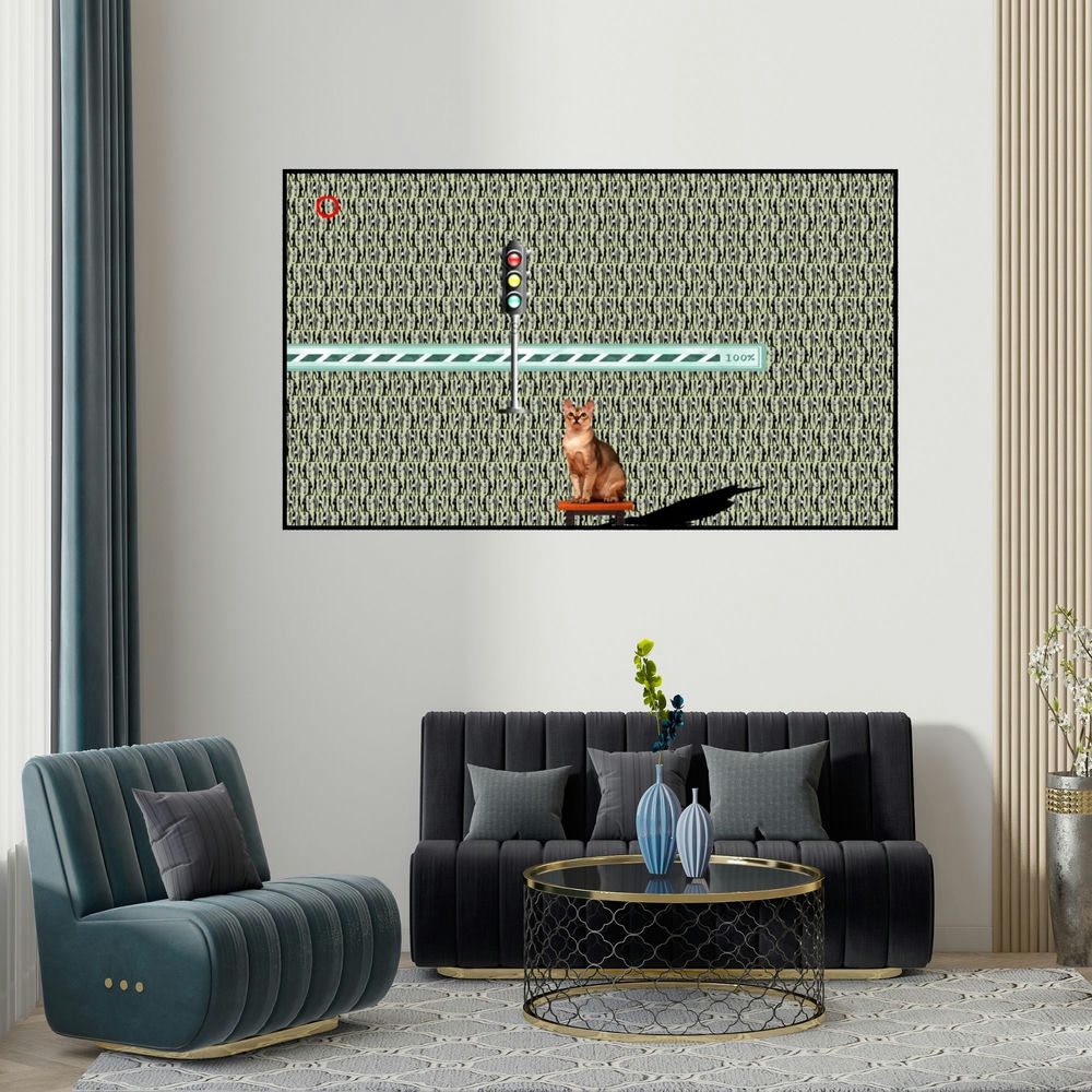 Amarnath Sharma's 'Viral Message (The Observer)' painting visualized above a sofa in a contemporary room.