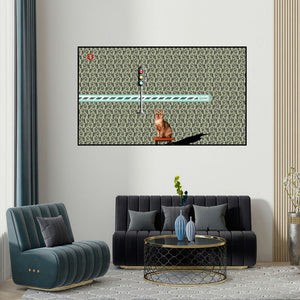 Amarnath Sharma's 'Viral Message (The Observer)' painting visualized above a sofa in a contemporary room.