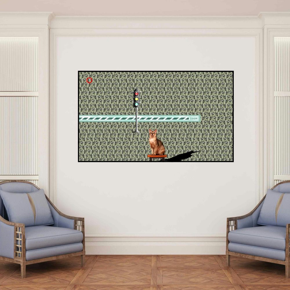 'Viral Message (The Observer)' painting by Amarnath Sharma shown on a wall in a furnished room.