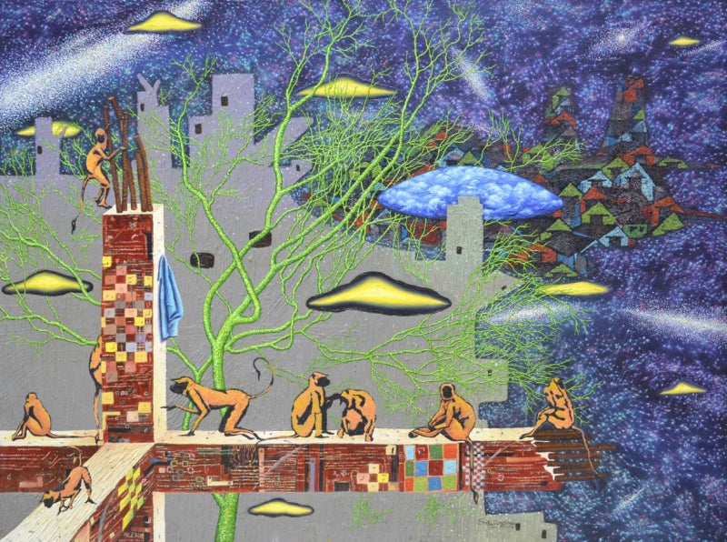 Virgin City' contemporary mixed-media painting by artist Satya Vijay Singh, 35x47 inch, on canvas