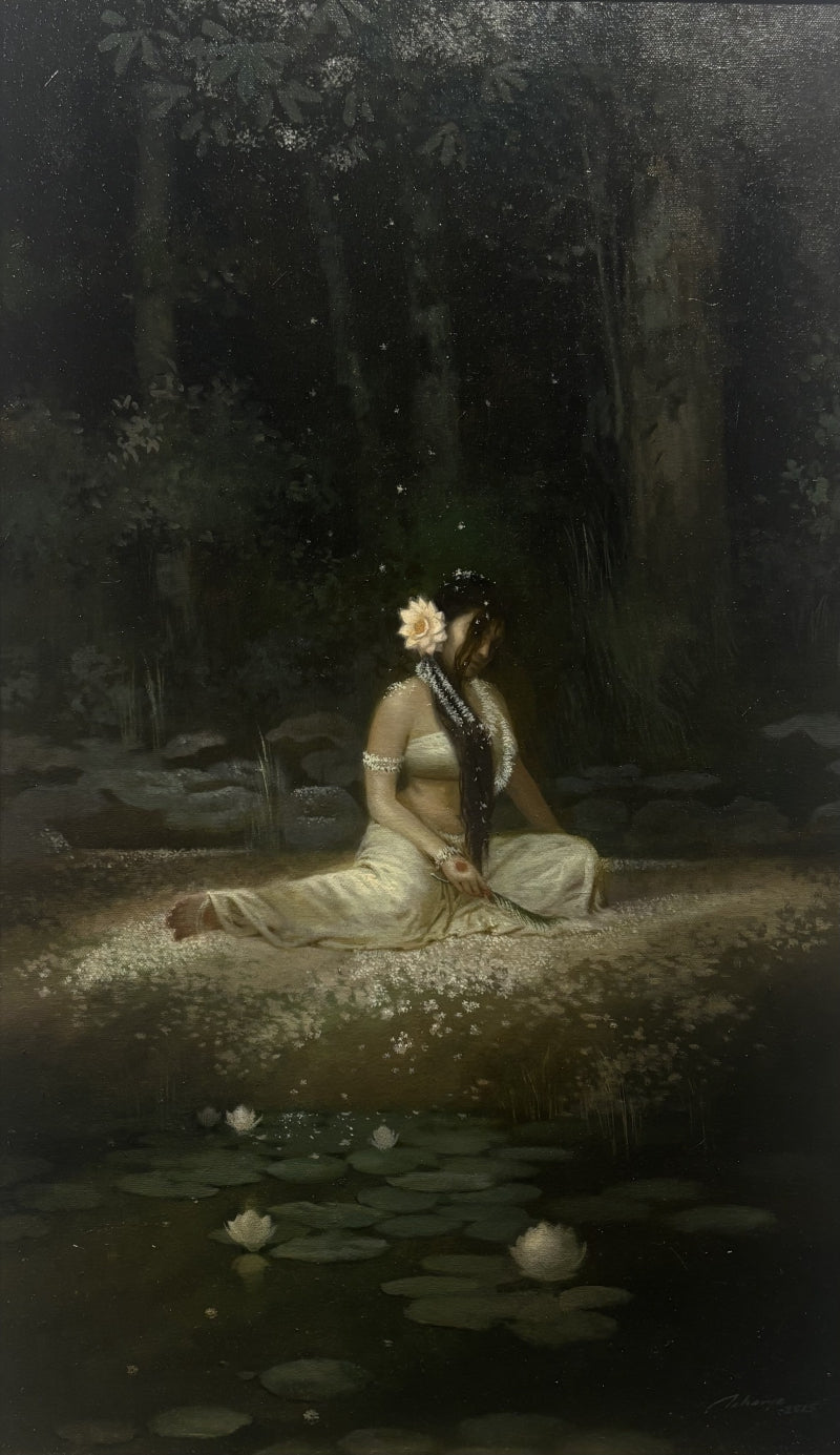 Virohatkanthita Nayika' religious oil painting by artist Abhisarika Nayika, 30x18 inch, on canvas