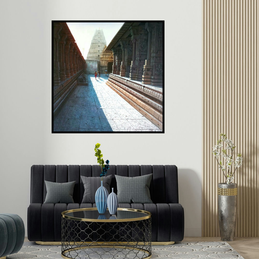 Pravin Pasare's 'Virupaksha Temple Hampi 1 (Temple Passage to Gopuram)' painting visualized above a sofa in a contemporary room.
