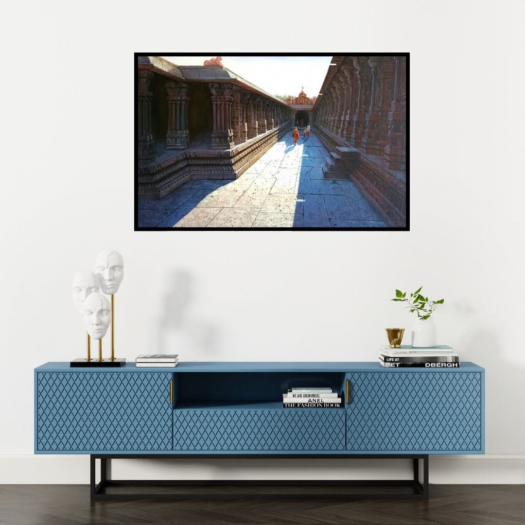 Preview of 'Virupaksha Temple Hampi 2 (Lepakshi Temple Corridor)' Painting by Pravin Pasare shown on a wall in a furnished room.