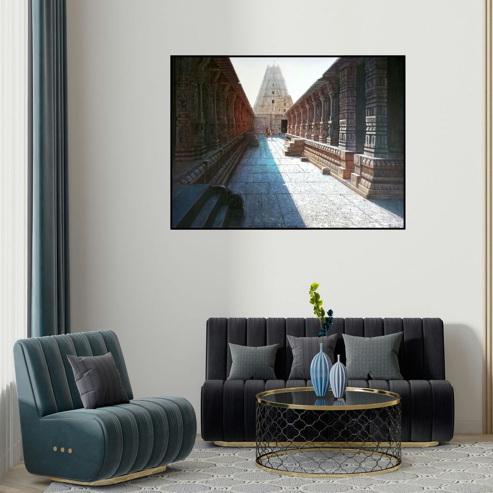 'Virupaksha Temple Hampi 3 (Vijayanagara Temple Corridor)' painting by Pravin Pasare shown on a wall in a furnished room.