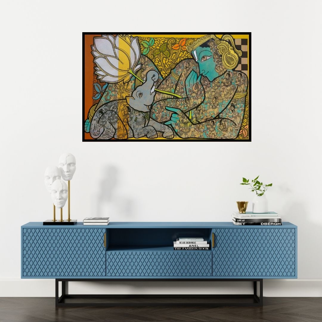 Preview of 'Vishnu (Ganesha and Krishna: A Divine Union)' Painting by Ramesh Gorjala shown on a wall in a furnished room.