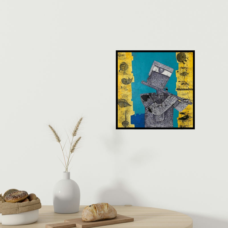 In-situ view of Amit Pithadia's 'Vishnu (The Cosmic Flute Player)' painting in a room