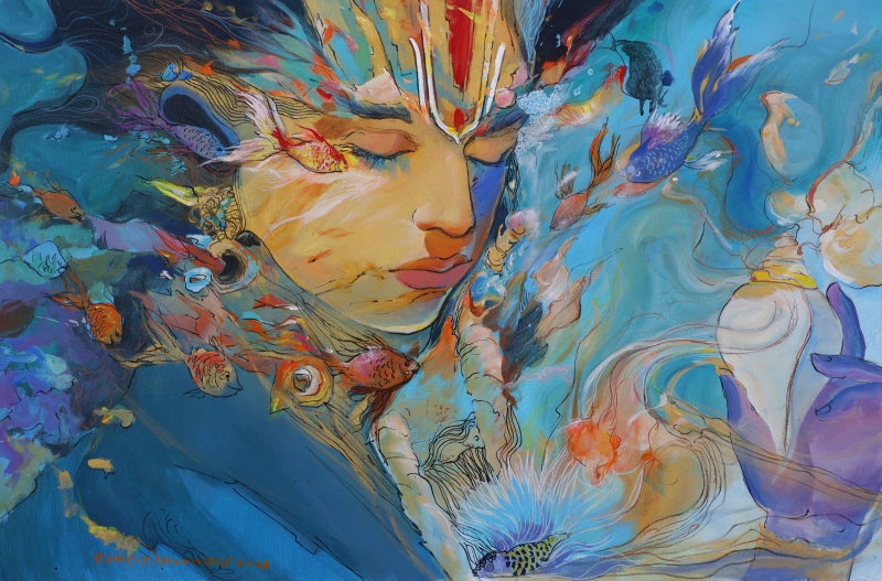 Vishnu In The Eternal Yogic Slumber' religious acrylic painting by artist Ramesh Nanware, 24x36 inch, on canvas