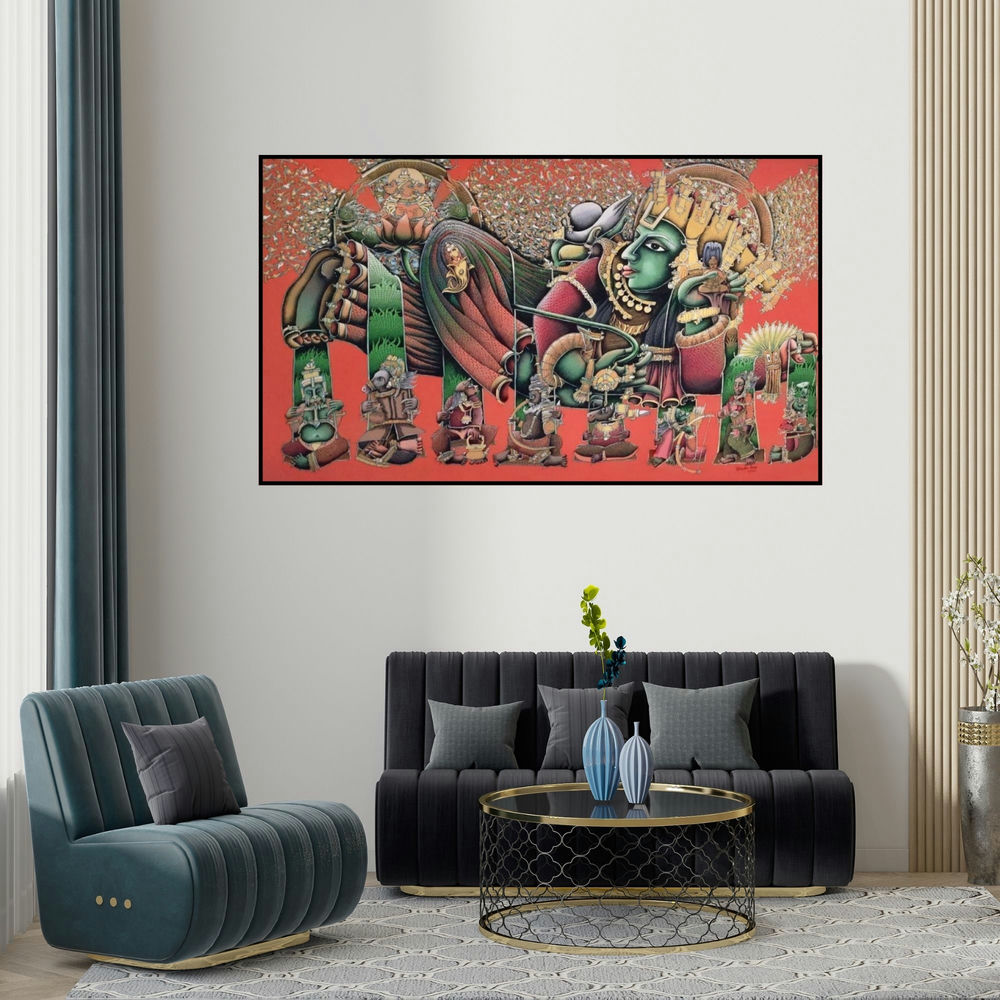 Jitendra Dangi's 'Vishnu Jhula (Ananta Shayana: The Cosmic Slumber of Vishnu)' painting visualized above a sofa in a contemporary room.