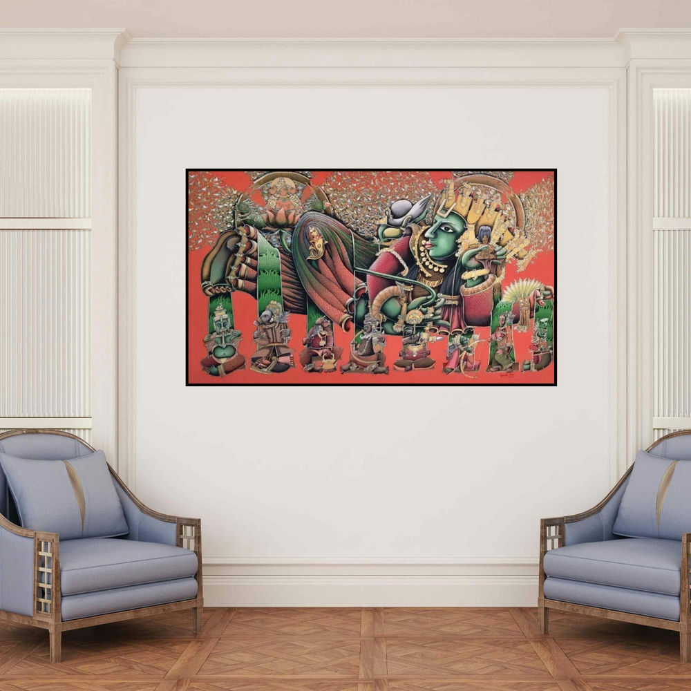 'Vishnu Jhula (Ananta Shayana: The Cosmic Slumber of Vishnu)' painting by Jitendra Dangi shown on a wall in a furnished room.