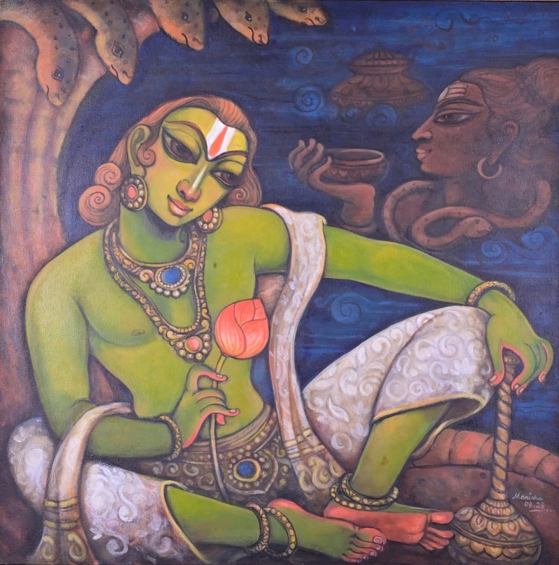 Vishnu Vandan' religious acrylic painting by artist Manisha Srivastava, 36x36 inch, on canvas