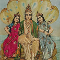 Religious oleograph painting titled 'Vishnu With Consorts', 17x13 inches, by artist Raja Ravi Varma on Paper