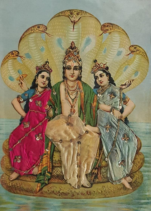 Vishnu With Consorts Painting by Raja Ravi Varma | ArtZolo.com