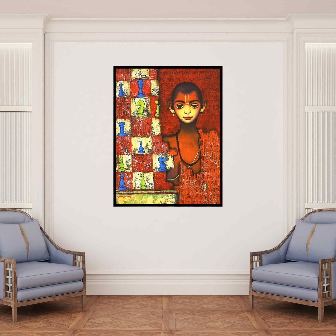 In-situ view of Shankar Devarukhe's 'Vishnubuddhi (Checkmate)' painting in a room