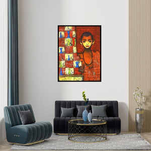 Preview of 'Vishnubuddhi (Checkmate)' Painting by Shankar Devarukhe shown on a wall in a furnished room.