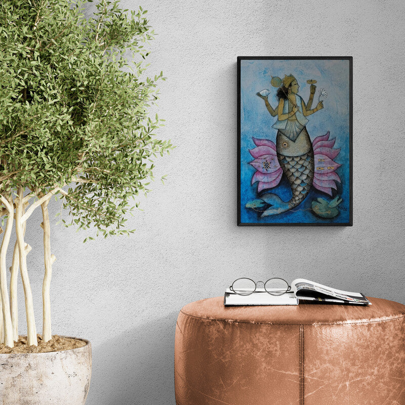 In-situ view of Pooja Mhatre's 'Vishnumatsya Avatar 2 (Vishnu Aquatic Form)' painting in a room