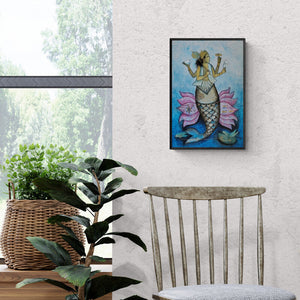 Pooja Mhatre's 'Vishnumatsya Avatar 2 (Vishnu Aquatic Form)' Painting visualized above a sofa in a contemporary room