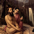 Figurative oil painting titled 'Vishwamitra And Menaka', 36x26 inches, by artist Raja Ravi Varma Reproduction on Canvas