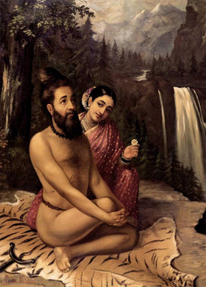 Vishwamitra And Menaka (The Penance of Vishwamitra Disrupted) by Raja Ravi Varma, Print Oil Figurative Painting on Canvas, X-Small Vertical Wall Art