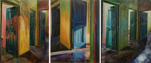 Vision Corrosion 13 (Doors of Perception) by Banani Karmakar Bhunia, Original Oil Pastel Landscape Painting on Paper, Small Horizontal Wall Art