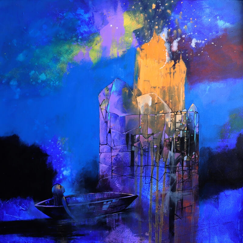 Visit' contemporary acrylic painting by artist Pradip Sengupta, 24x24 inch, on canvas