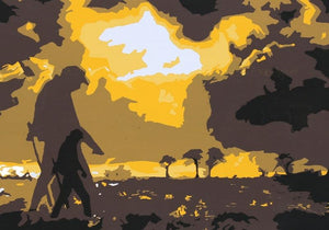 Visit (Into the Golden Hour) by Kanchan Kapruwan, Original Silk Screen Figurative Painting on Paper, Small Horizontal Wall Art